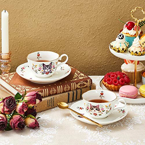 2 Sets 10 Oz Ceramic Teacup And Saucer Set Cat And Flower Coffee Mug With Handle White Floral Cat Tea Cup Cute Tea Party Gift Set For Espresso Coffee Tea Milk #TOP6