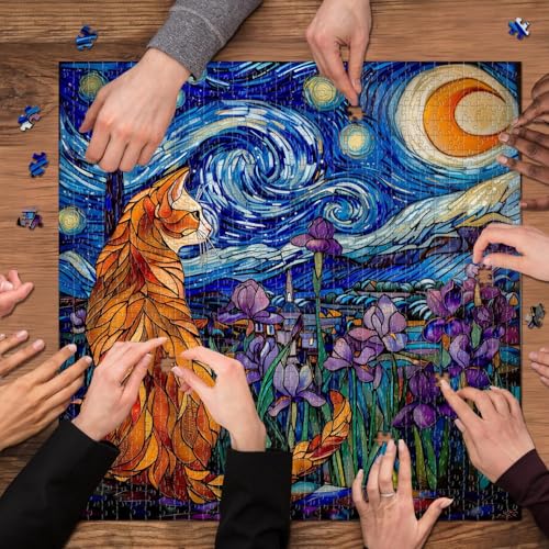 Image of iDream 1000 Pieces Jigsaw Puzzle - Artistic 3D Design, Colorful Wall Decor, Challenging Puzzle Gift for Friends & Family (Moonlit Cat)