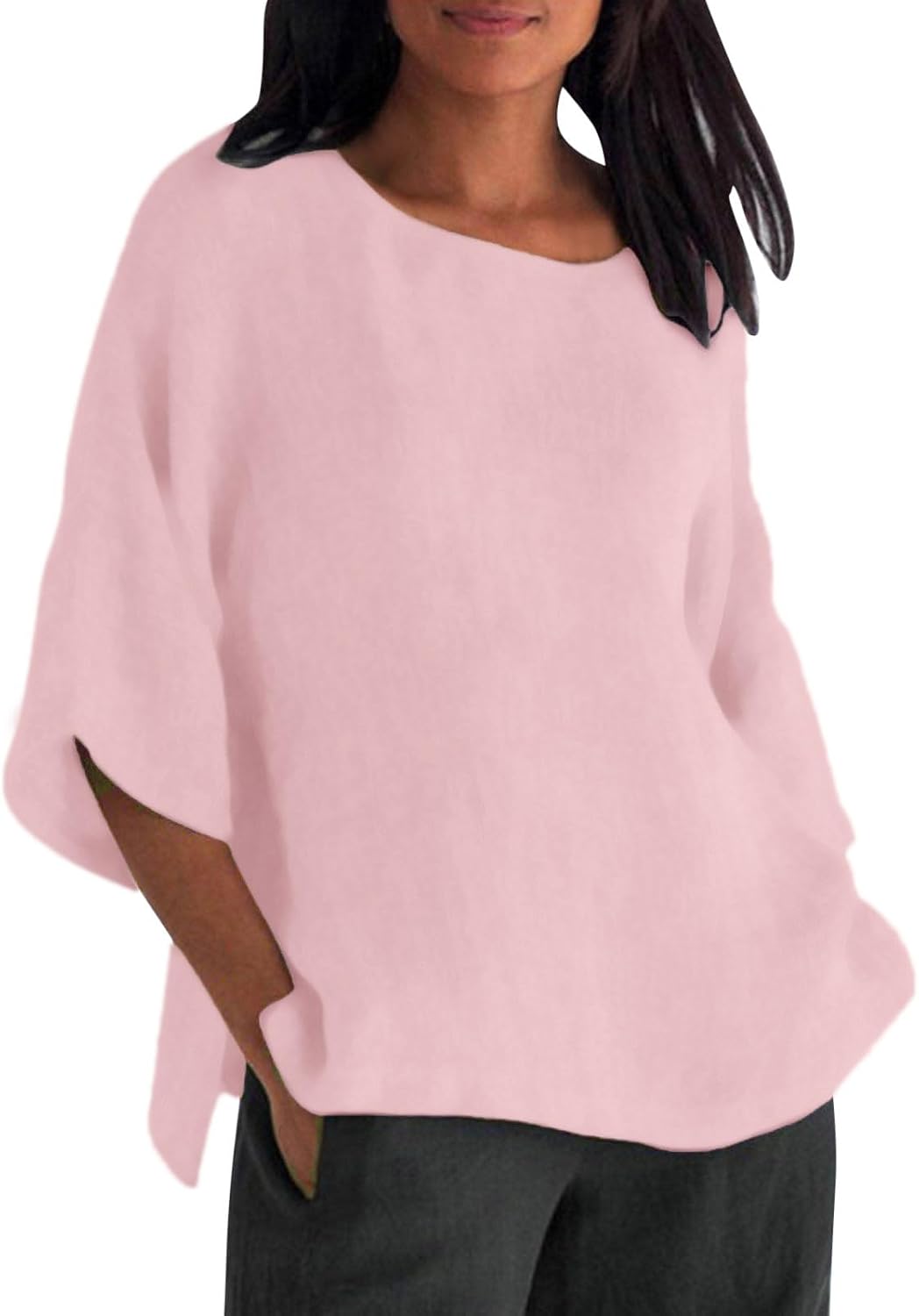 Linen Shirts for Women 2025 Summer Basic Solid Color 3/4 Sleeve Tunic Tops Casual Round Neck Pullover Blouse Tshirts