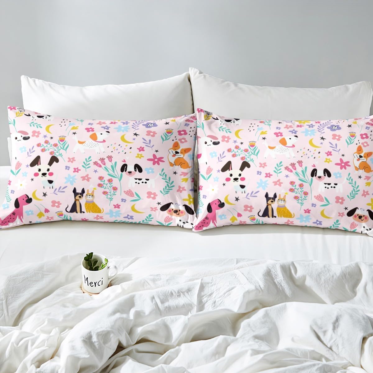 jejeloiu Cute Dog Duvet Cover Puppy Dog Bedding Set for Kids Room Decor Cute Poppy Pet Lovely Animal Comforter Cover Set Toddler Size Botanical Floral Blossom Bedspread Cover 2Pcs Zipper,No Comforter