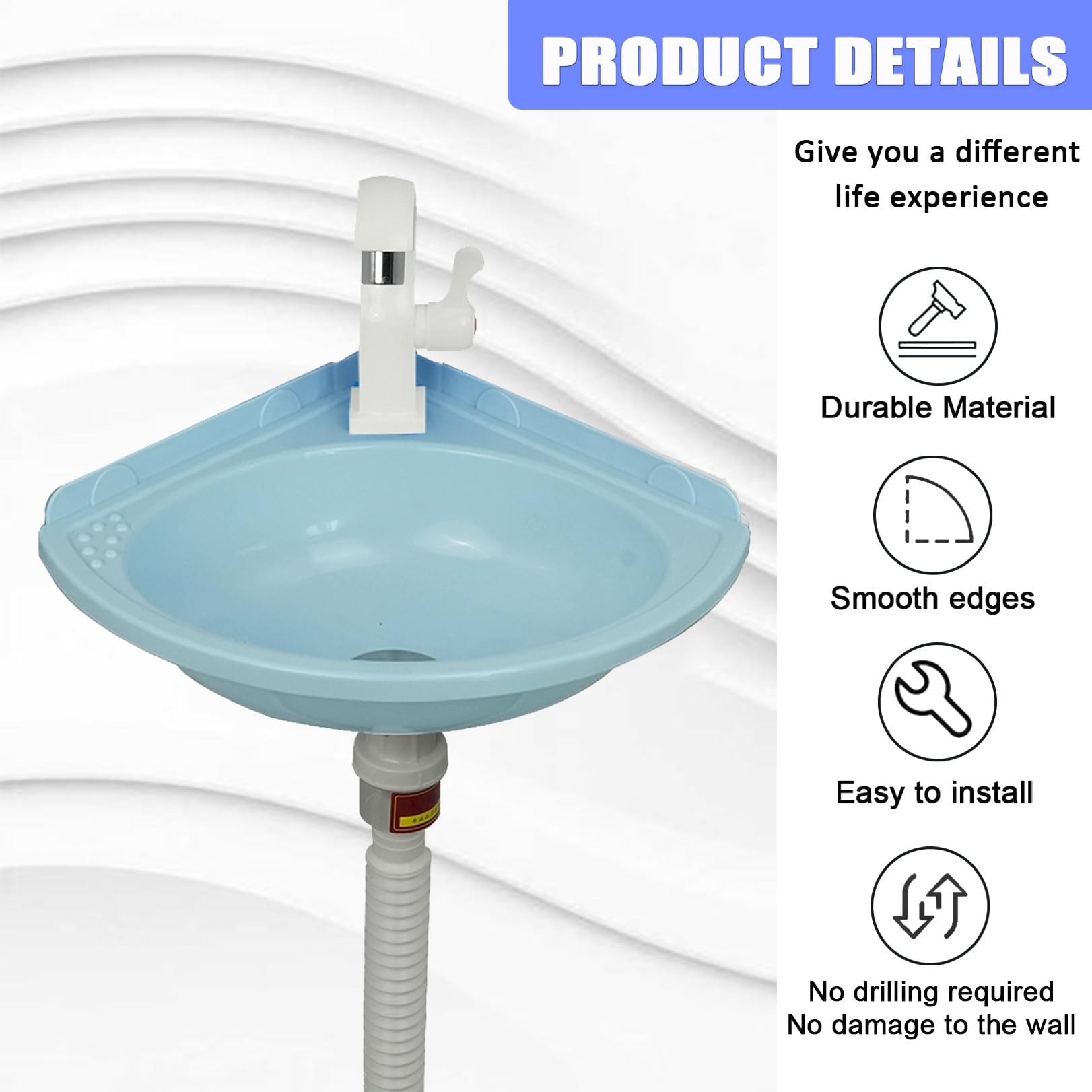 Lavandino angolare a Parete, Vasca Singola, Piccolo lavabo da Bagno con Rubinetto, Moderno Mini lavabo da appoggio in plastica, per Cucina, Bagno, seminterrato, Camper
