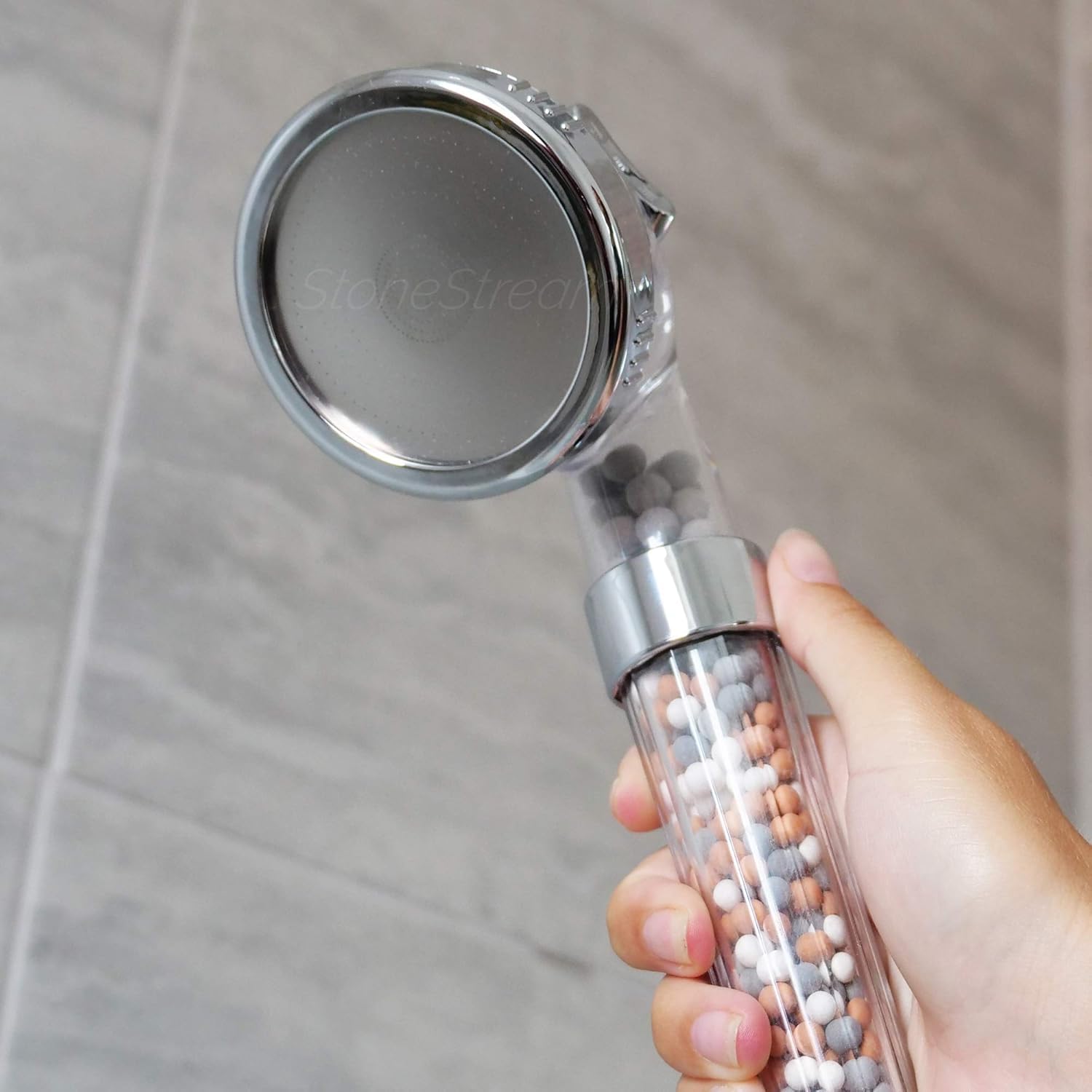 StoneStream® Filtro de cabezal de ducha eléctrico con manguera y piedras de repuesto para ablandador de agua dura, cabezal de ducha de alta presión, cuenta icónica similar al spa para piel y cabello