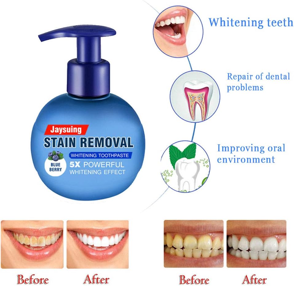 Strengthening Stain Removal Gel Toothpaste Teeth Whitening Toothpaste Fight Bleeding Gums White Toothpaste, Natural, Vegan, Paraben-Free, Anti-Cavity, Pump Packaging (Blueberry)