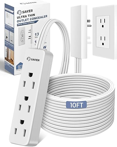 Saker Regleta de alimentación corrector de salida  Cable de extensión de enchufe plano de 10 pies con 3 tomas, 1625 W  Cable de extensión de tamaño