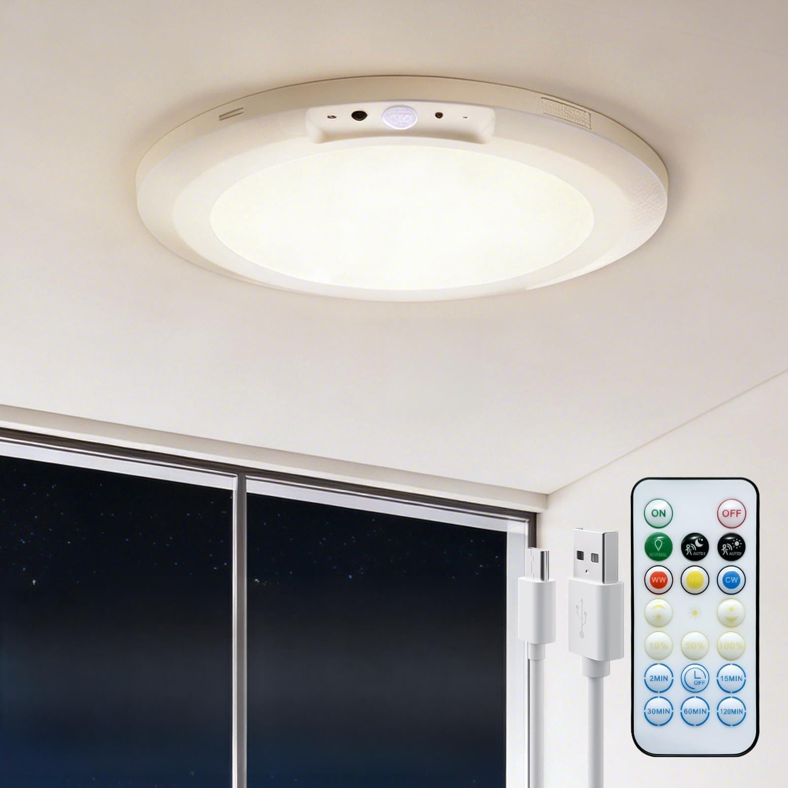 FIONSUN Motion Sensor Lights Indoor, 10000mAh Rechargeable LED Ceiling Light with Remote, Battery Operated Lights Ceiling, Cordless Bathroom Ceiling Lamp Battery Operated for Shower, Pantry, Closet