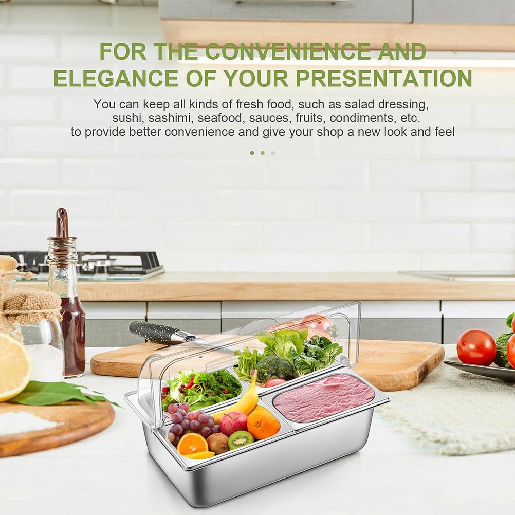 Contenedor expositor de hielo para mostrador, de acero inoxidable Dispensador de condimentos refrigerado con tapa enrollable transparente para buffets, restaurantes y hoteles