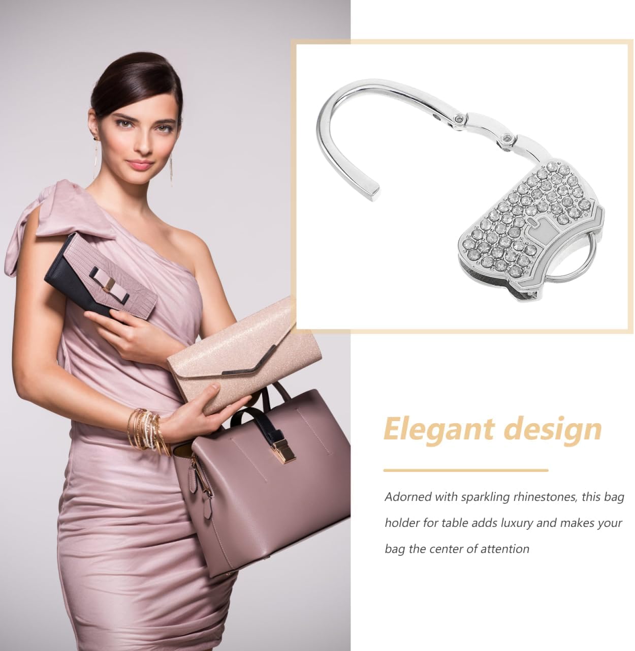 Purse Hook, Portable Rhinestone Handbag Hanger with Strong Locking Mechanism for Tables, Bag Holder for Parties and Daily Use