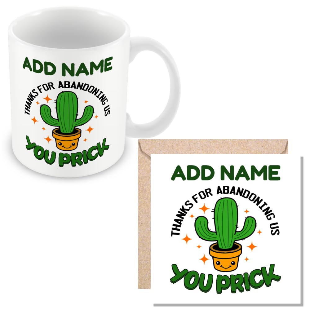 MUGGZ Personalised - Leaving Work Cactus Mug & Card Gift - Thanks for Abandoning Us - Giftset - Made in The UK โ Custom Funny Coffee Mug โ Unique Gift for Friends & Family
