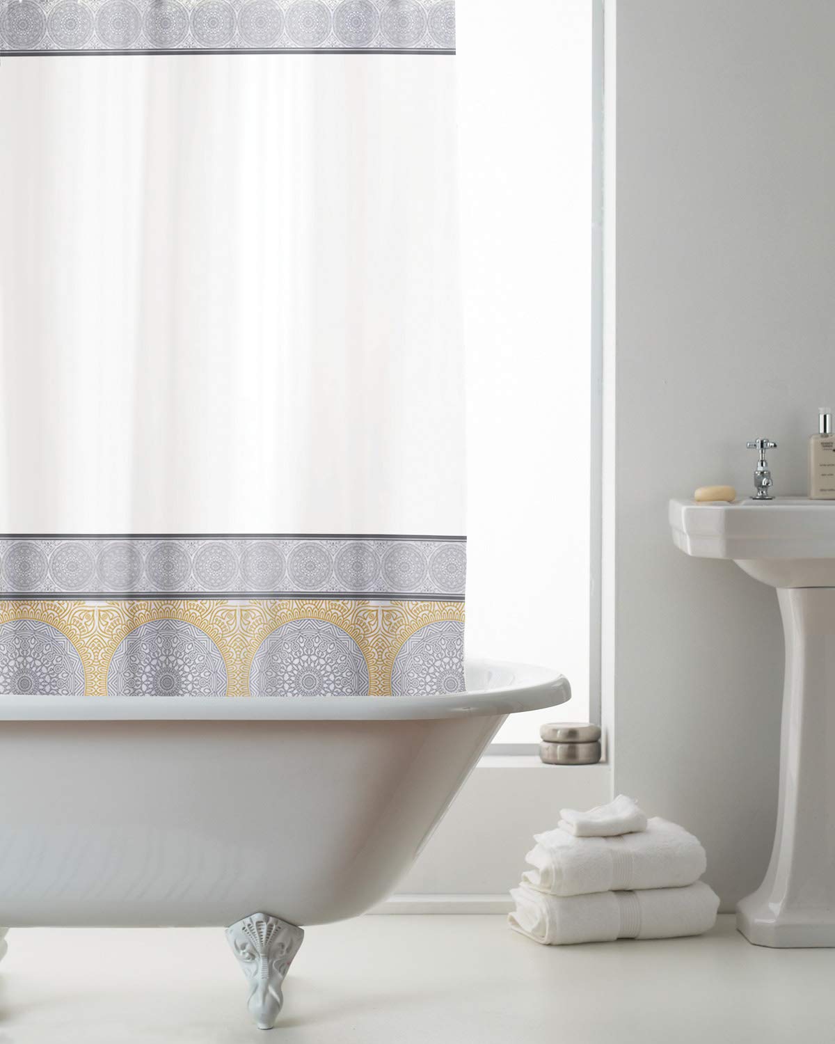 Country Club Mandala Geometry Design Peva Shower Curtain with Rings Hooks 180 x 180cm (Mandala Grey)