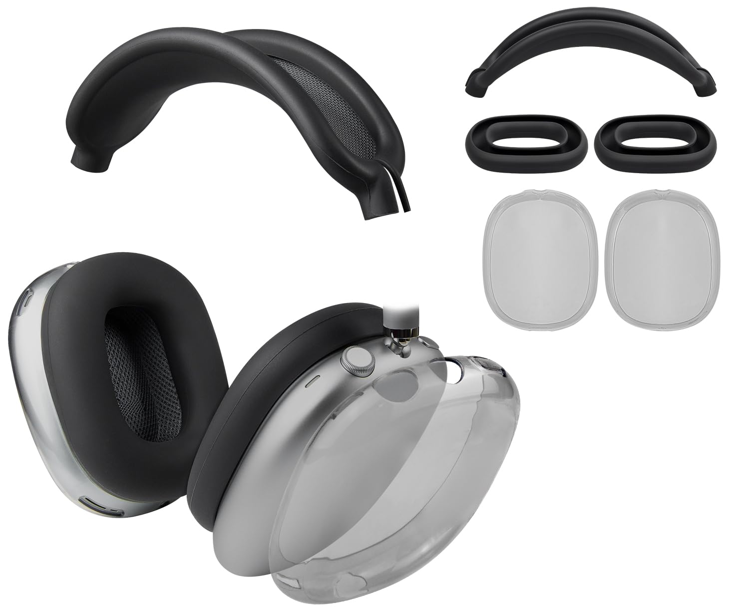 SOULWIT Protective Kit for AirPods Max, Headband Cover + TPU Case Protector + Silicone Ear Pads Cover, Sweatproof Accessory, Easily Washable, Anti-Scratch (Black)