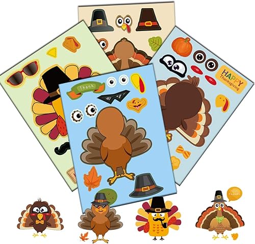 Miniatura 1 de Calcomanías de pavo de Acción de Gracias para niños, haz un pavo para juegos de fiesta de Acción de Gracias, calcomanías de cara de pavo para