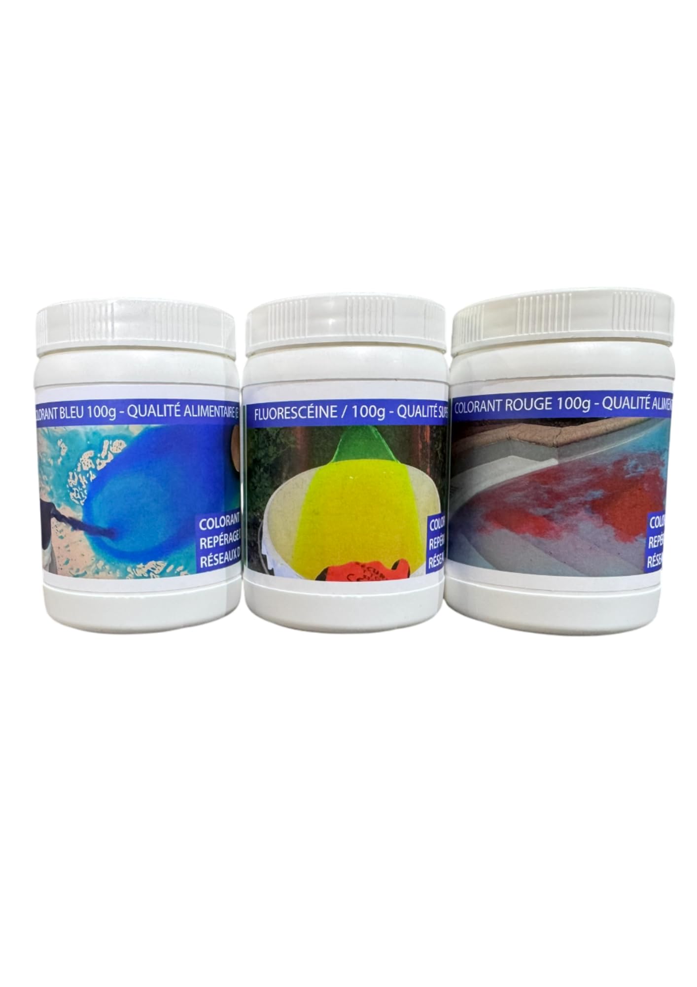 Pack 3x 100 g Fluorescéine & Colorants Traçage (Vert, Rouge, Bleu) – Détection de fuites, Repérage réseaux eau, traçage canalisations – Poudre Soluble