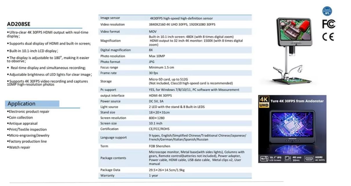 AD208SE 4KUHD cyfrowy mikroskop elektroniczny 480X 4KUHD z wyświetlaczem LCD 10,1'' do naprawy elektroniki
