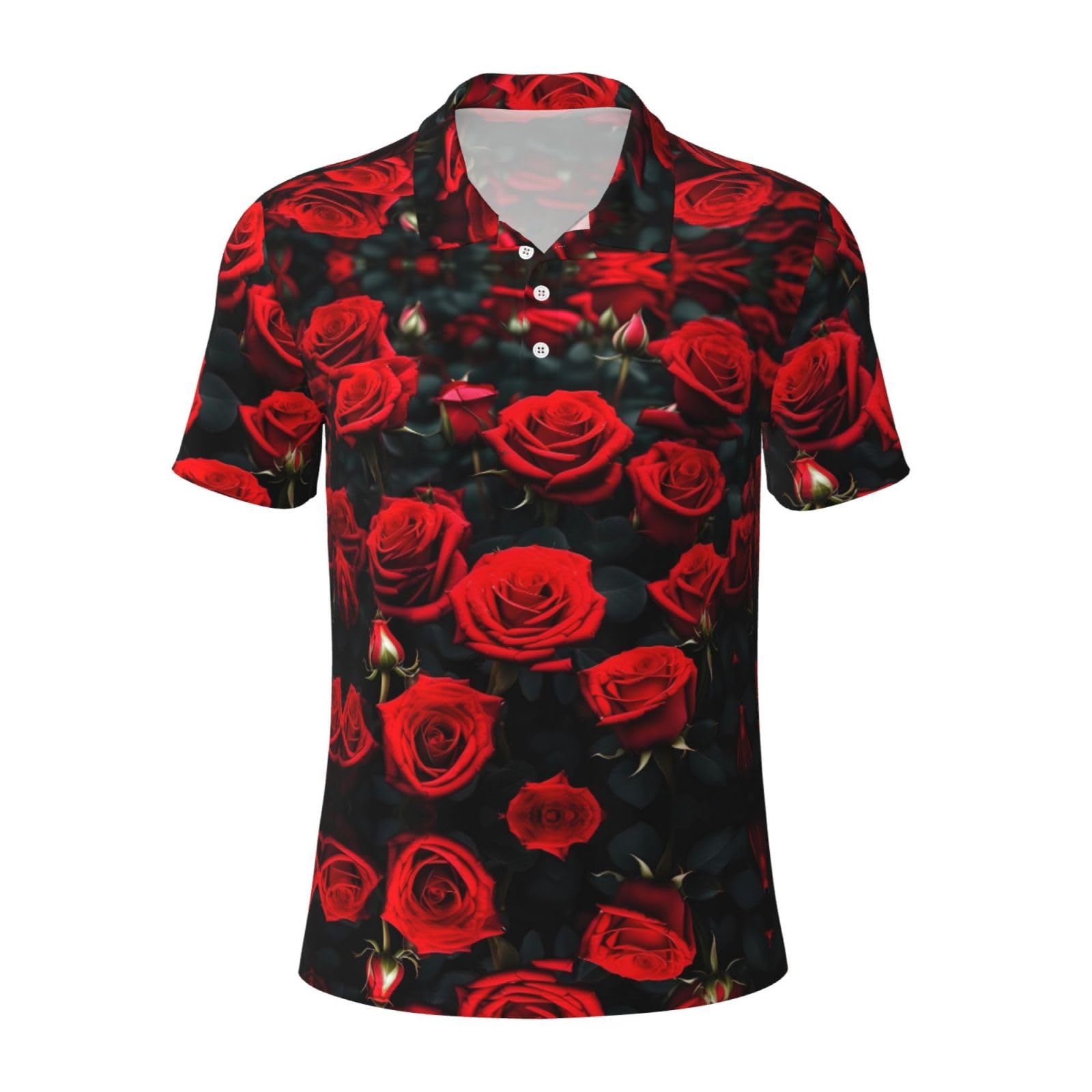 Jiuty Men's Black Many Red Rose Polo Shirts Short Sleeve Golf Shirt For Weekend Getaways, Beach Trips