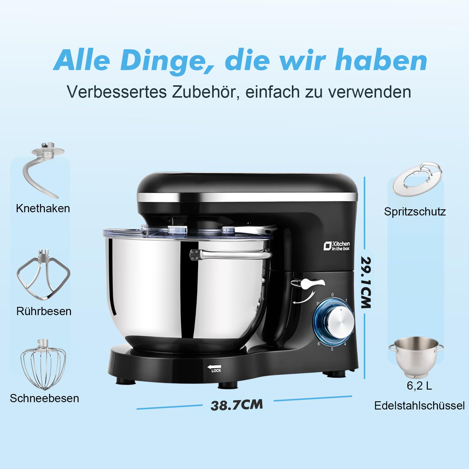 Kitchen in the box Küchenmaschine, 6,2 L Knetmaschine 1400 W, 6 Geschwindigkeits Teigmaschine mit Rührhaken, Knethaken, Schneebesen, Schwarz