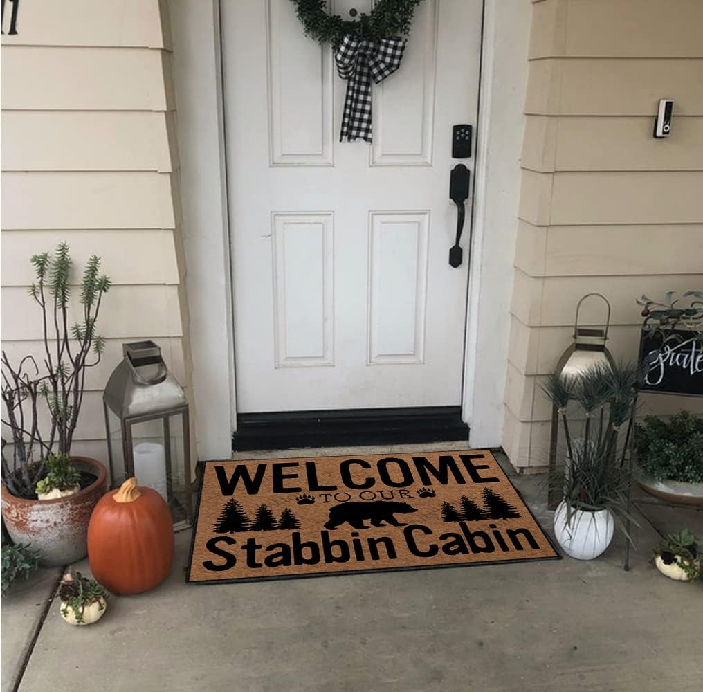 Entryway Rugs Indoor Non Slip, Welcome to Our Stabbin Cabin Outdoor Funny Welcome Mats for Front Door Mats Indoor Outdoor Home 30X18 Inch
