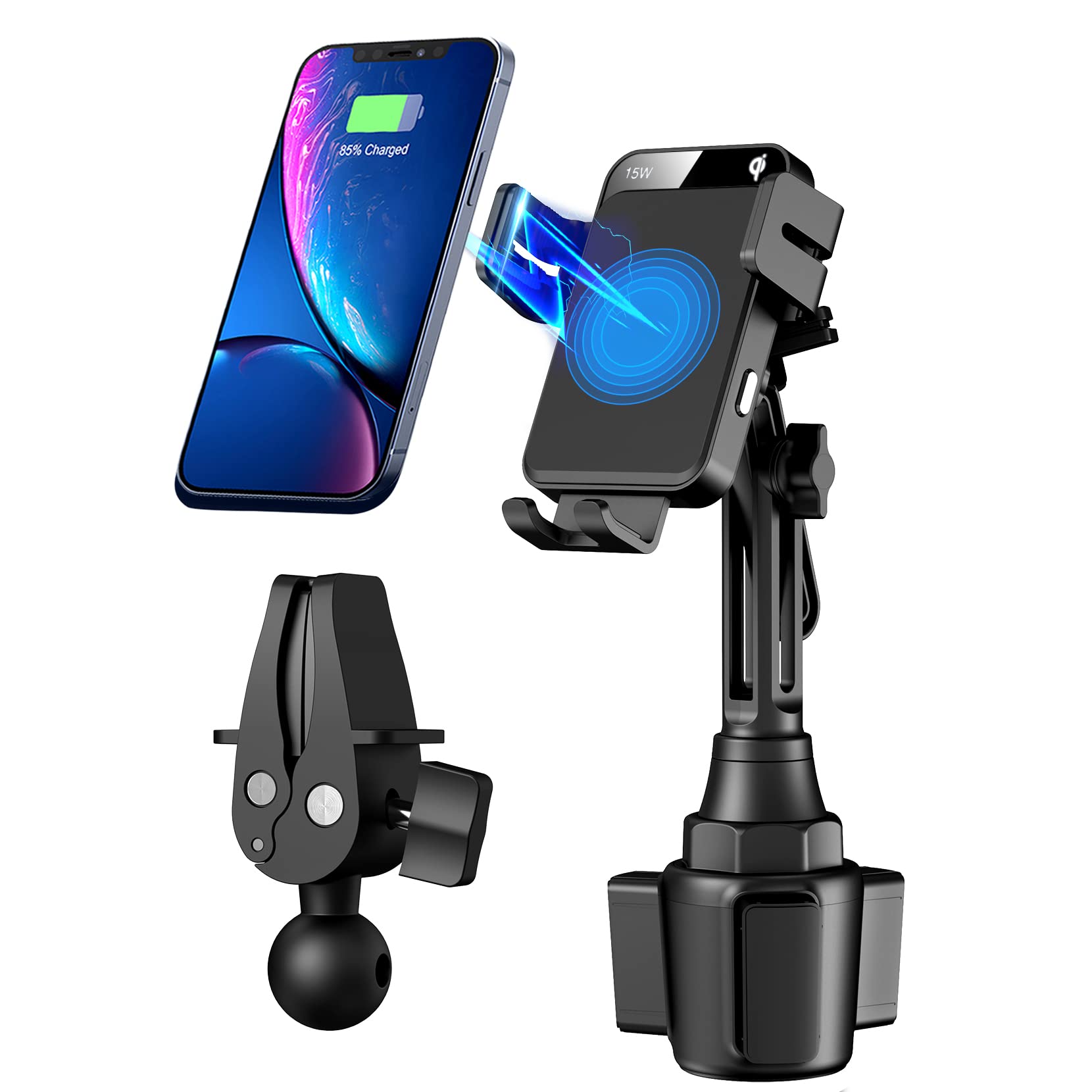 Wireless Car Charger, MOKPR 15W/10W/7.5W Cup Holder Phone Mount, Auto Clamping Fast Charging Car Mount, Air Vent Phone Holder for iPhone 14/13/12 pro/12/11/XS/X/8/8, Samsung S22/S10/S9/S8/Note10, etc