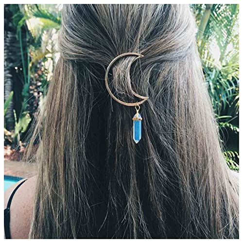 Inilbran Fermaglio per Capelli Boho Moon Fermaglio per Capelli a Mezzaluna Cava Vintage Ciondolo in Pietra Naturale Forcina Esagonale Fermaglio per Capelli con Goccia di Cristallo(Pietra di Luna)