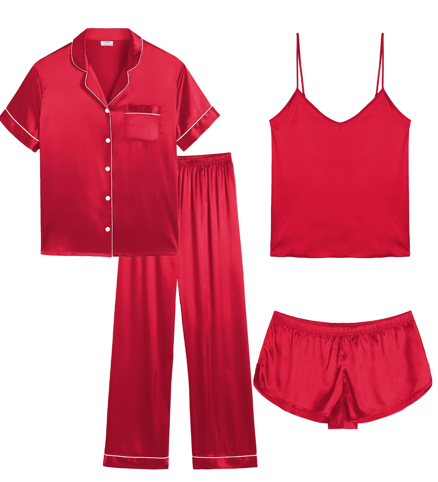 SWOMOG Women Plus Size Pajama Set 4pcs Silk Satin Sleepwear Button Down Pjs Cami Shorts Set Loose Loungewear 16W-26W Deep Red