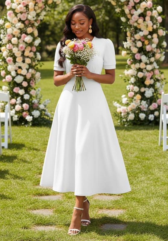 Image of MarryUP Women's Midi Dresses - V Neck Cocktail & Church Tea Dresses - Short Sleeve A-Line Swing Dress
