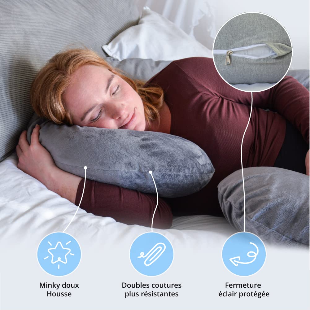 Ella Coussin de Grossesse - Coussin de Maternité et Corps Forme en C, Personnes Qui Dorment sur Le Côté - Rembourrage Polyester, Housse Amovible & Lavable en Minky Oreiller de Grossesse, 150x70cm Gris