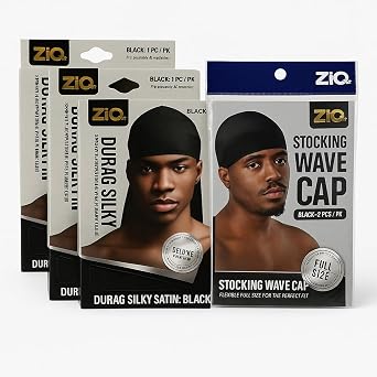 ZiQ Deluxe Durag Silky & Wave Cap Set 3 Silky Satin Black Durags + 1 Wave Cap | Comfortable Fit | Mens Hair Wrap Set
