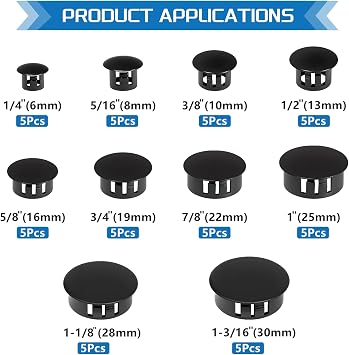 10Sizes Nylon Plastic Hole Plugs Kit 1/4 5/16 3/8 1/2 5/8 3/4 7/8 1 1-1/8 1-3/16 Black Hole Cover for Furniture Cabinet