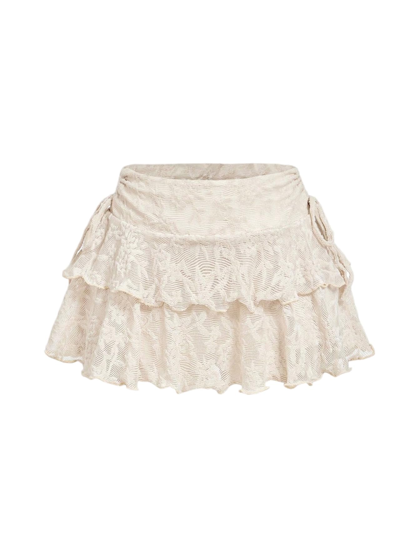 WDIRARA Womens Lace Layered Ruffle Hem Mini Skirt Drawstring Side Y2k A Line Skirts