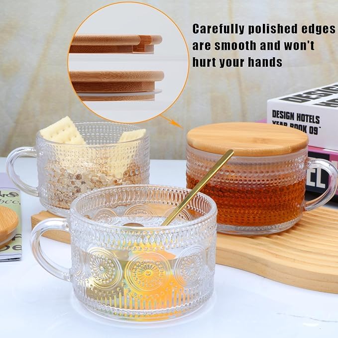 Image of PrimeWorld Overnight Oats Containers with Lids Set of 4pcs-420ml, Vintage Coffee Mugs Gifts for Women, Glass Cups with Spoons and Bamboo Lids,Great for Coffee, Overnight Oats,Juice.