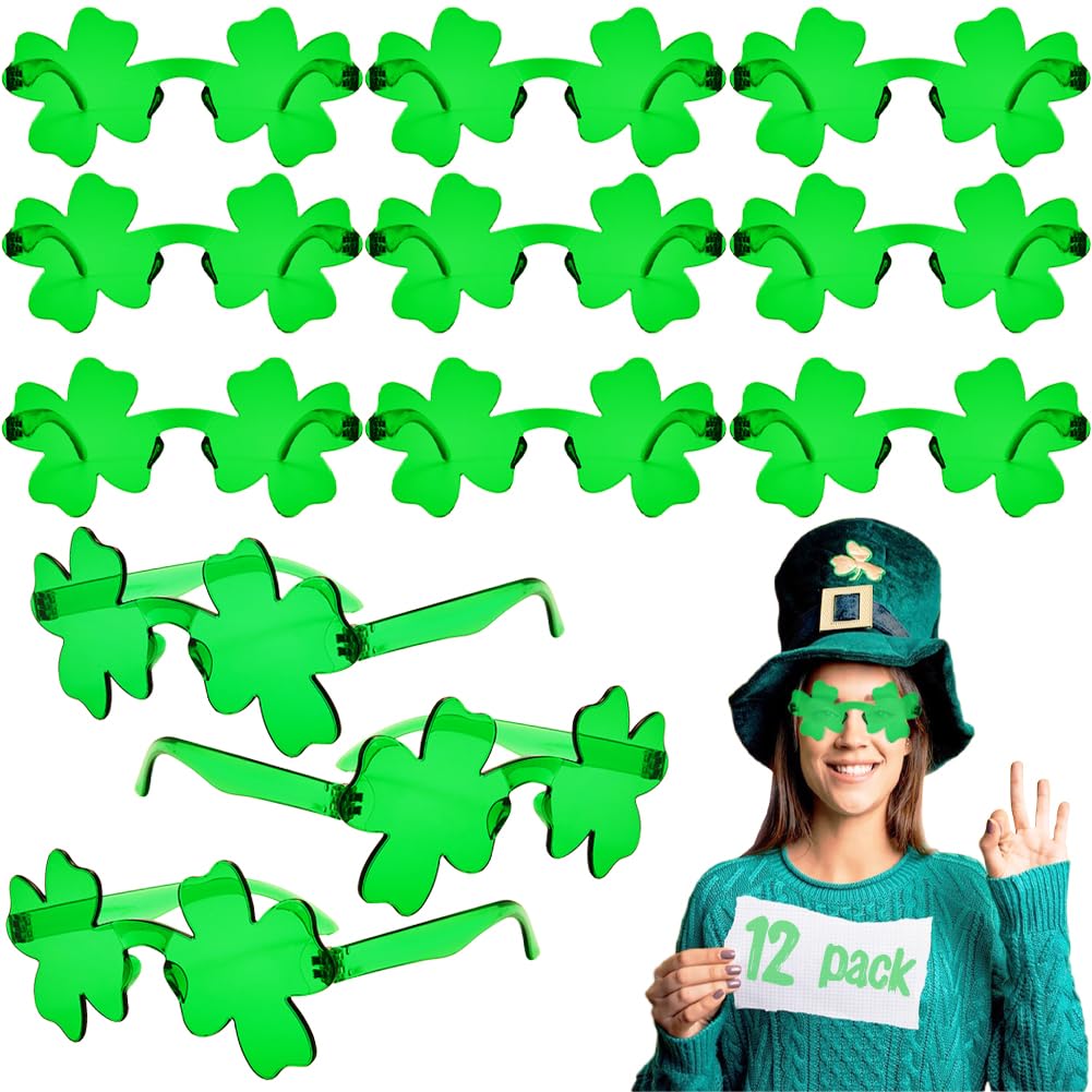 LUKBERA 12Pcs St. Patrick's Day Shamrock Sunglasses, Irish Green Clover Glasses for Adults Kids Saint Patrick’s Day Party Favor Decoration Accessories