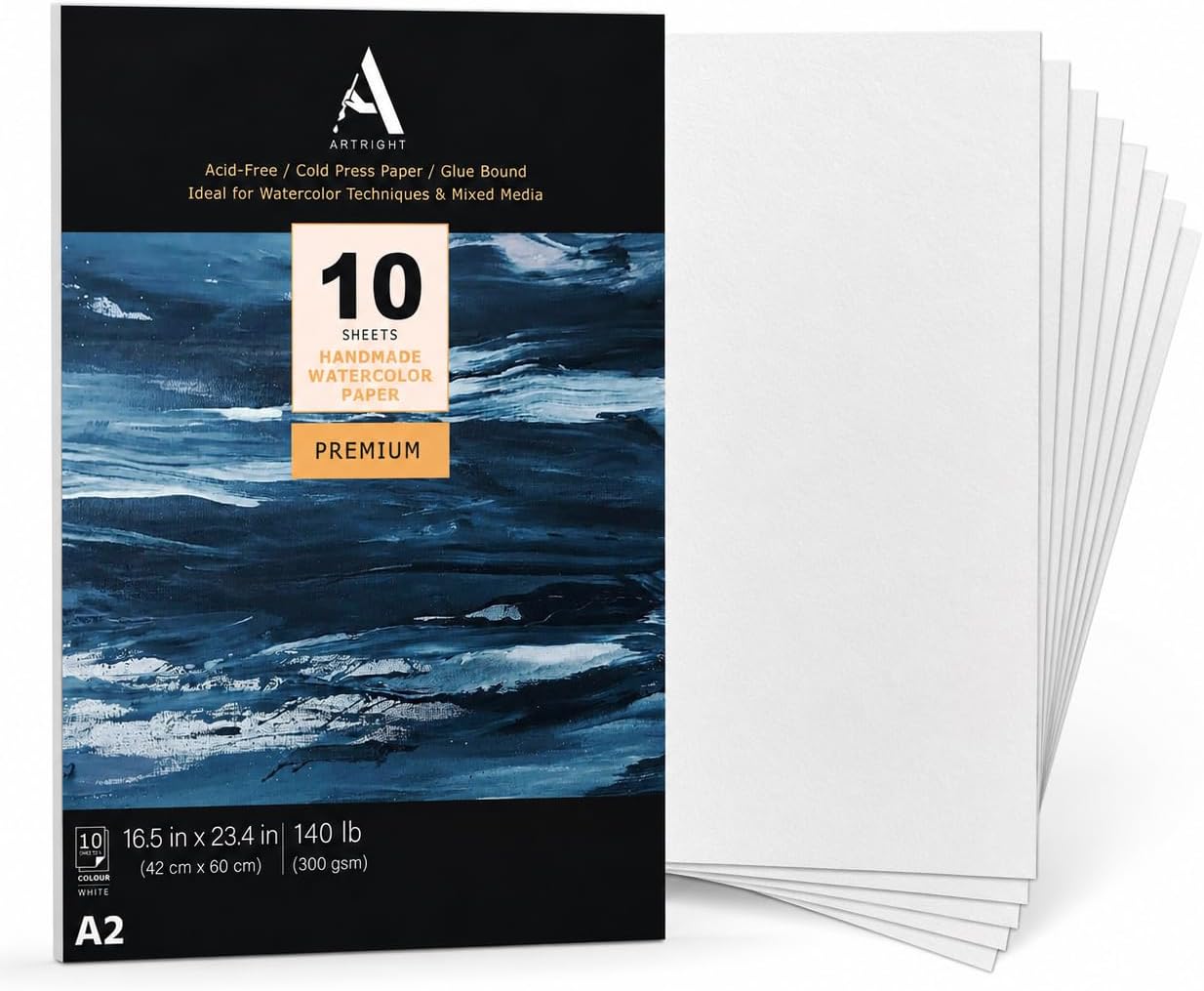 ArtRight Artists' Watercolor Paper A2 300 GSM - 10 Sheets of Handmade Rough Grain Water Colour Papers for Watercolour, Acrylic, Gouache, Ink & Mixed Media