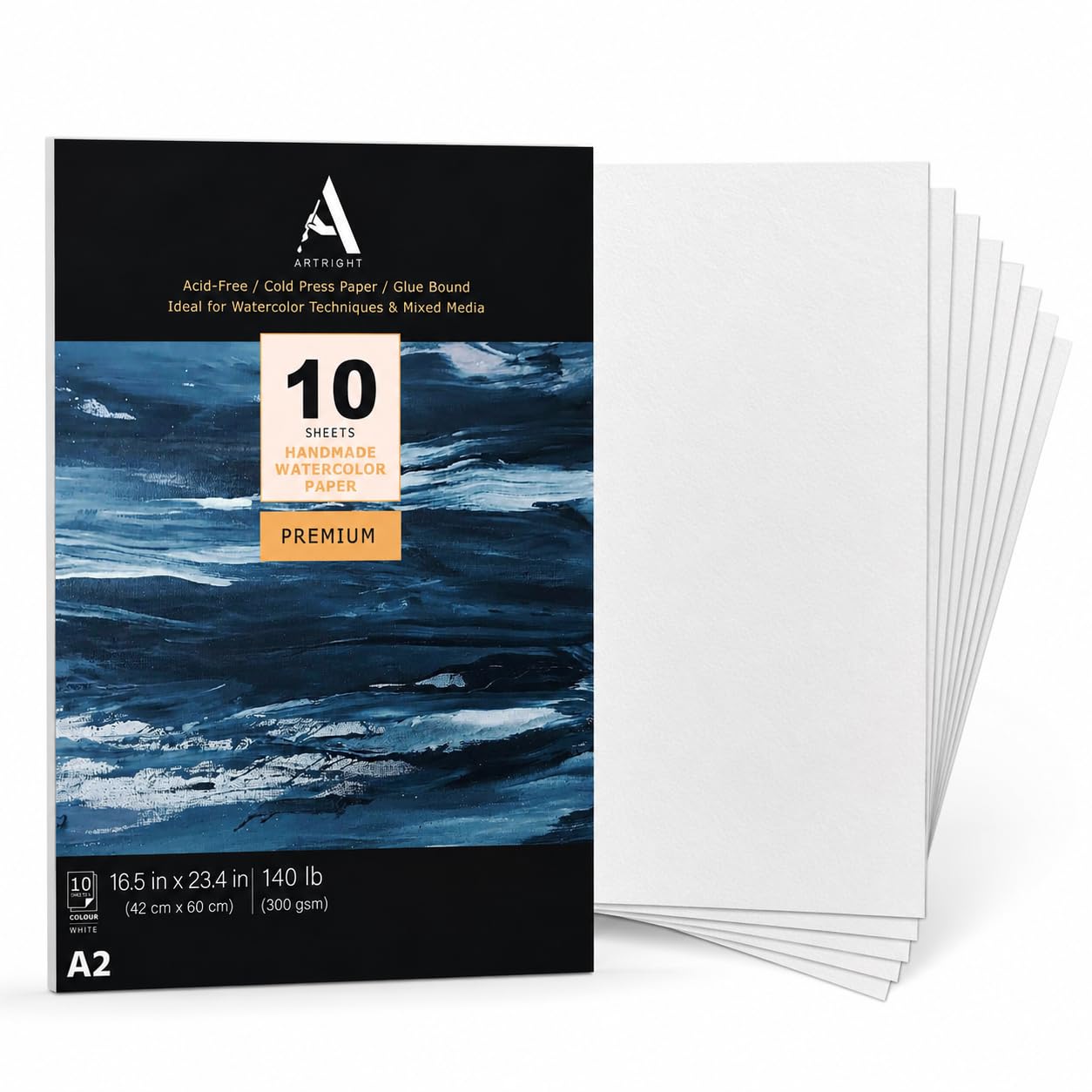 ArtRight Artists' Watercolor Paper A2 300 GSM - 10 Sheets of Handmade Rough Grain Water Colour Papers for Watercolour, Acrylic, Gouache, Ink & Mixed Media