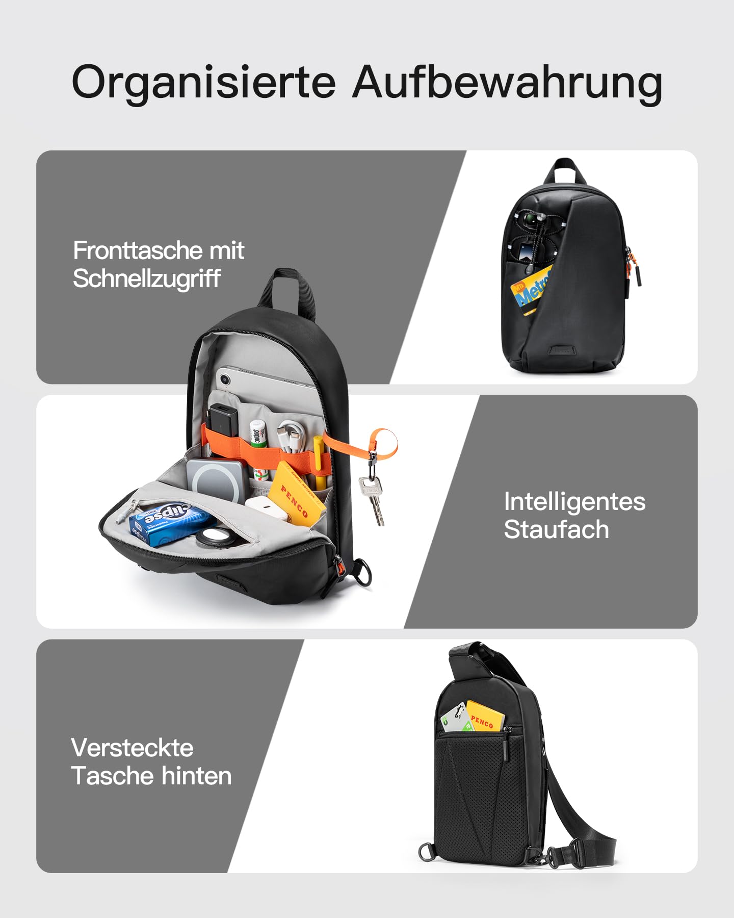 Inateck Sling Bag X-Row, Leichte Herren Umhängetasche Spritzwassergeschützte Brusttasche Crossbody Bag für Wandern, Reisen, Spaziergang, Schwarz