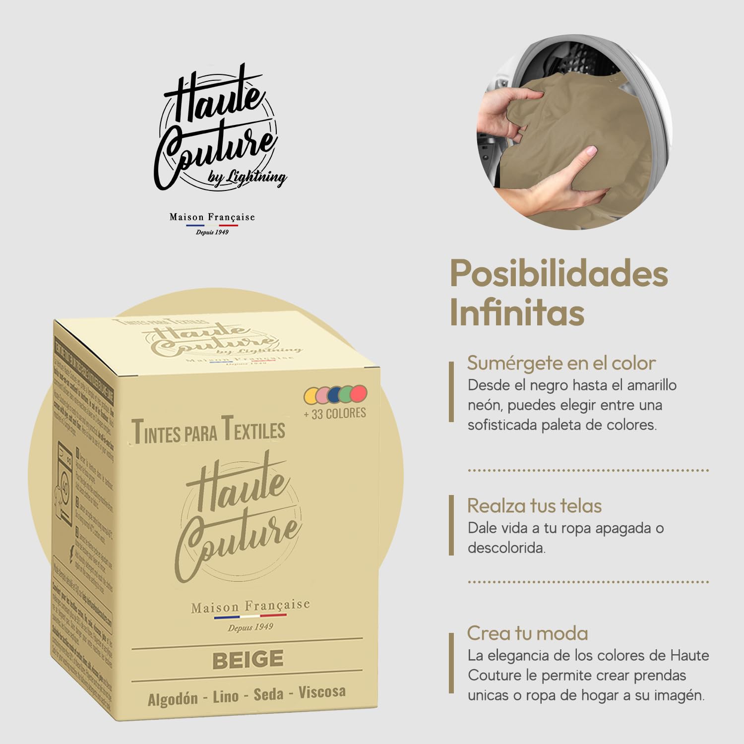Haute Couture - Tinte para Ropa y Textil Beige - 350g - Tinte Textil Todo en uno - Listo Para Teñir Ropa y Tejidos