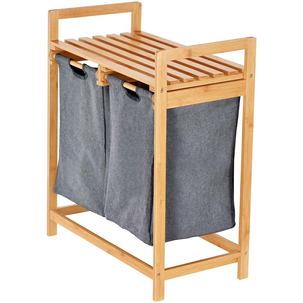 BAKAJI Cesto Porta Biancheria Sporca Casa Struttura in Legno di bambù con 2 Scomparti Portabiancheria Estraibili in Tessuto + Mensola Portasciugamani Dimensione 73.5 x 63.5 x 33 cm Design Moderno