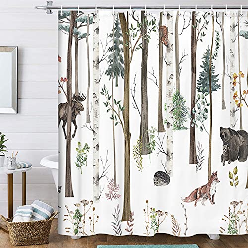 Rustic Forest Shower Curtain For Bathroom, Rustic Lodge Forest Cabin Shower Curtain Country Hunting Bathroom Curtain, Wild Animal Bear Moose Deer Fox In Forest Shower Curtain 70X70In With 12Pcs Hooks #TOP2