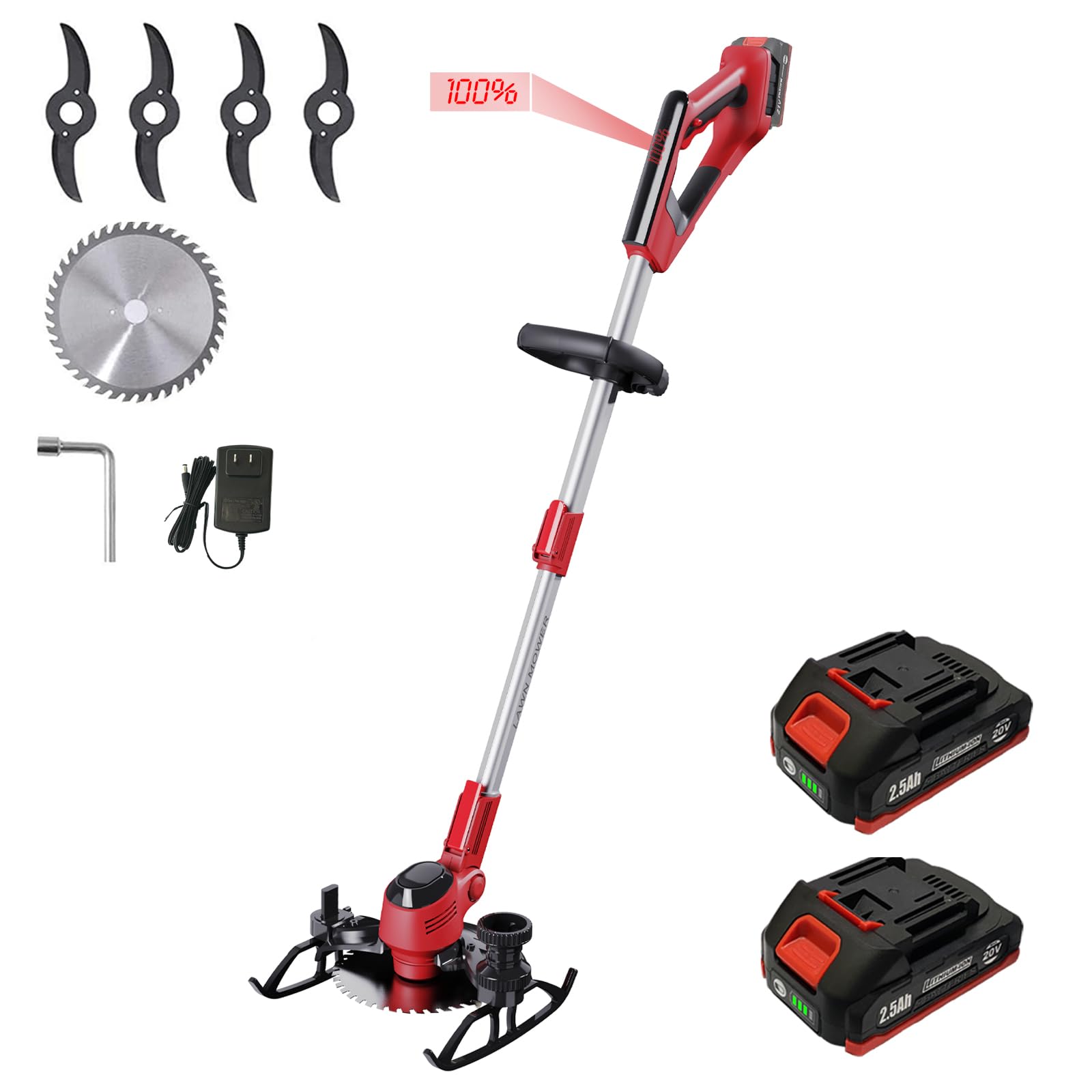 Korunria Brushless Cordless Weed Wacker & Edger & Lawn Mower with 2.5Ah Battery, Running Time 50~75 Mins Charger Included (Two 2.5AH Batteries)