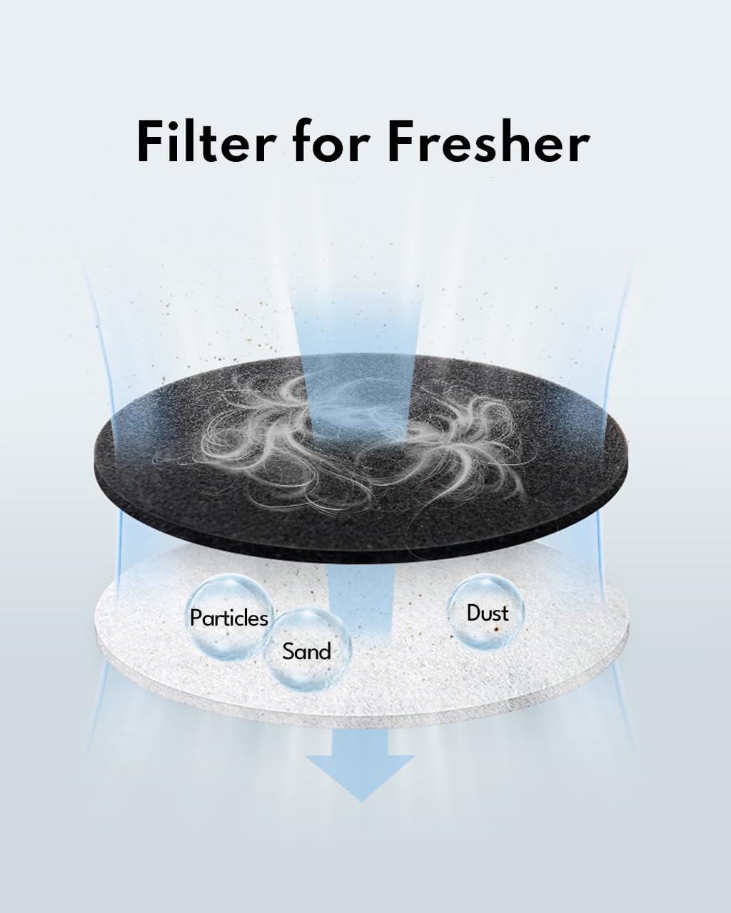 Diagram illustrating the filtration process of the HomeRunPet HC15 filter, capturing particles, sand, and dust.