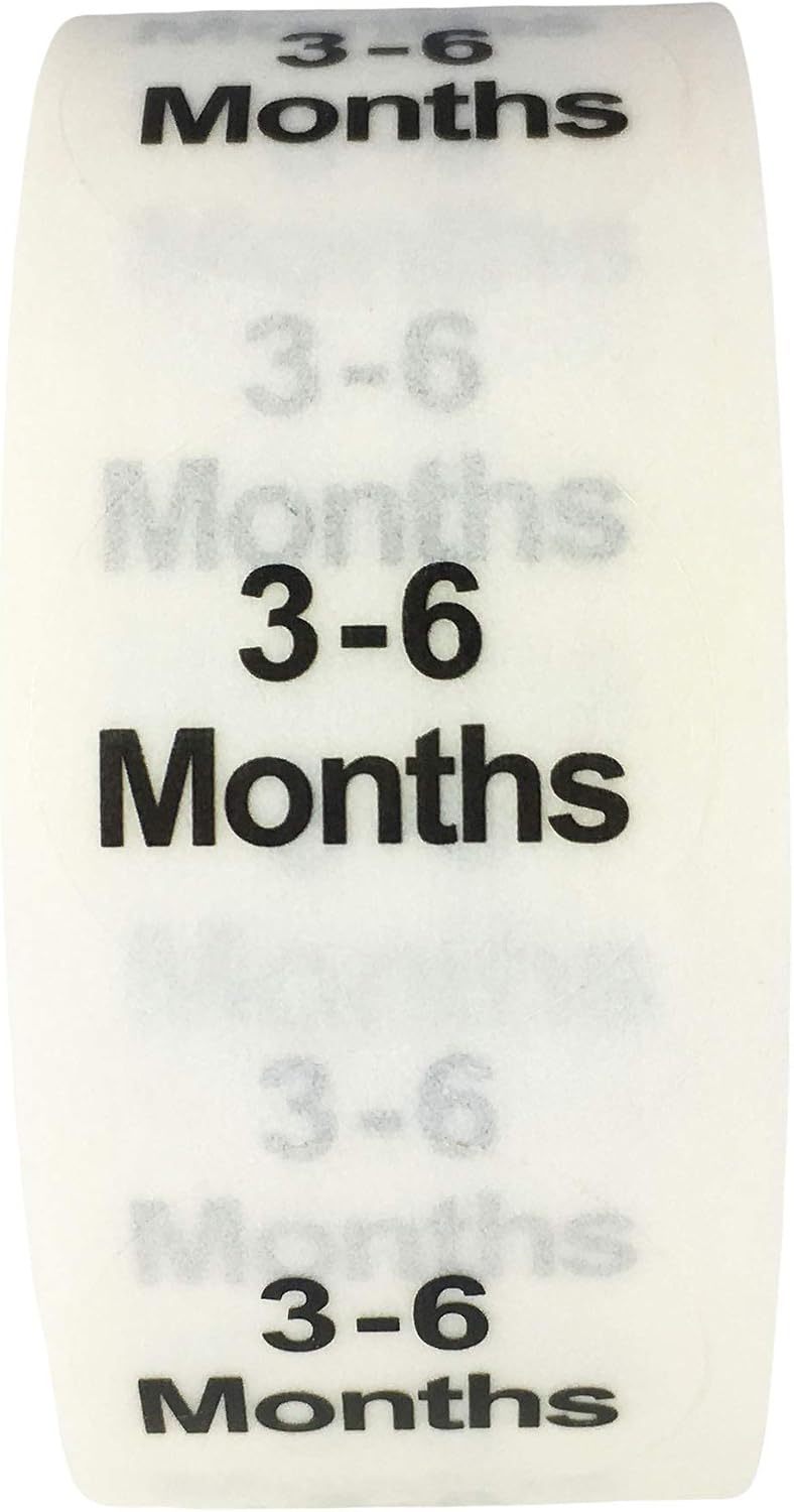 Clear Circle 3-6 Months Clothing Size Stickers - 3/4 Inch Round, 500 Clear Plastic Adhesive Labels Per Roll for Retail Apparel, Baby Clothing Organization, and Inventory - Made in the USA