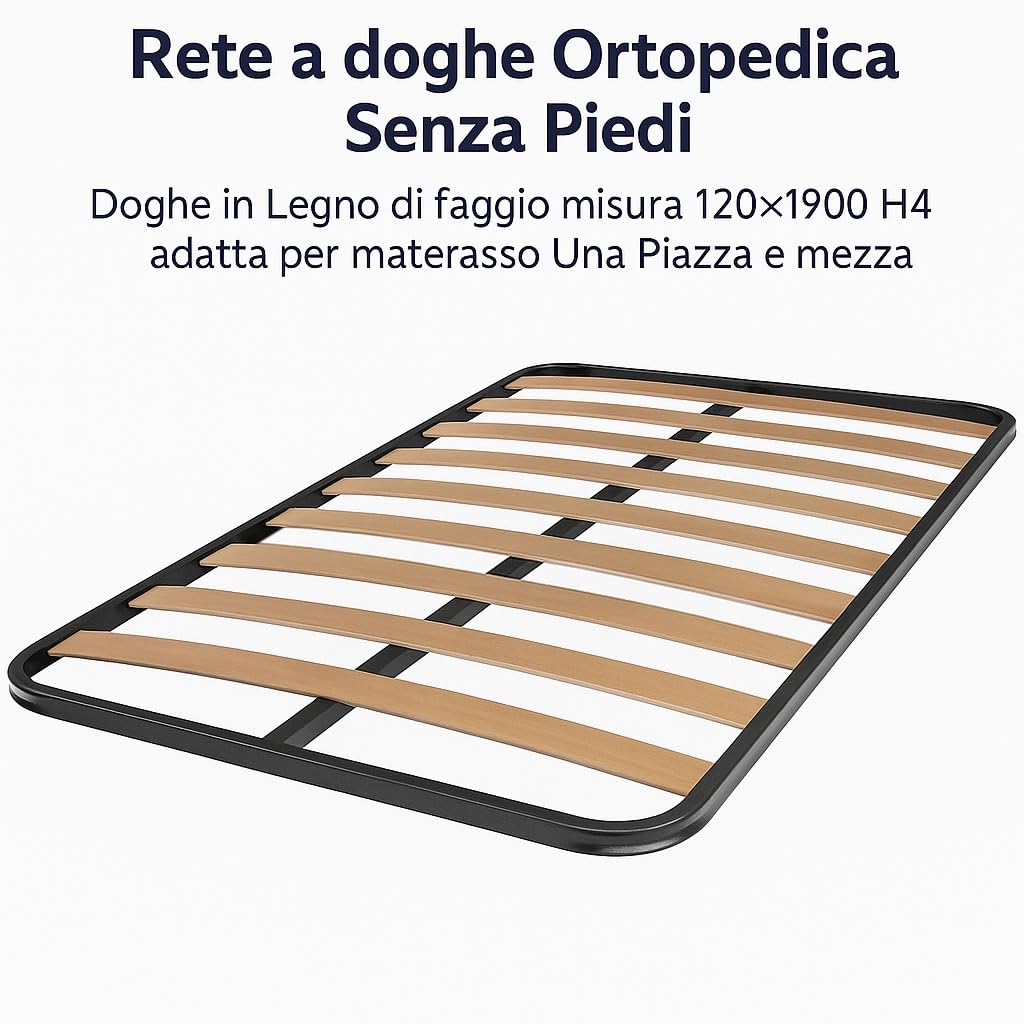 Rete a Doghe Ortopedica 120x190 Senza Piedi – Struttura in Tubolare Rinforzato, Doghe in Legno di Faggio Curvato – Rete da Appoggio per Materasso Una Piazza e Mezza Robusta, Silenziosa e Anticigolio