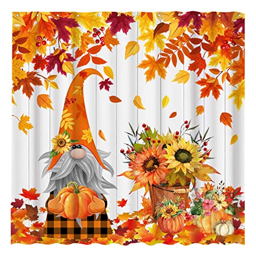 Funnytree Autumn Gnome With Pumpkin Shower Curtain For Bathroom Set Farmhouse Fall Harvest Thanksgiving Maple Leaves Home Bath Bathtub Decorations Durable Fabric Machine Washable With 12 Hooks 72"X72" #TOP14