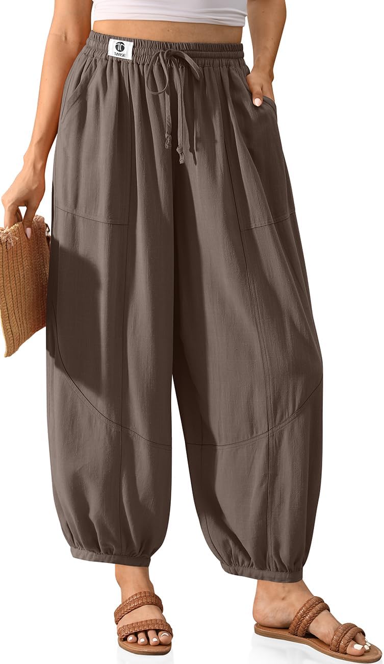 TARSE Womens Linen Barrel Harem Pants Casual Wide Leg Baggy Drawstring Boho Summer Beach Palazzo Travel Pants