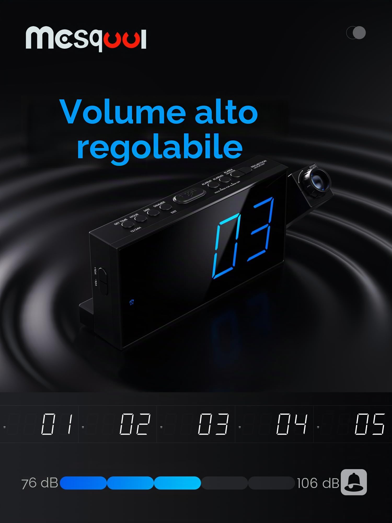 Sveglia di proiezione, display digitale da 7 pollici, doppio allarme, porta USB, volume di allarme regolabile, snooze, 12/24, backup batteria per camera da letto, soffitto, parete, casa, bambini,