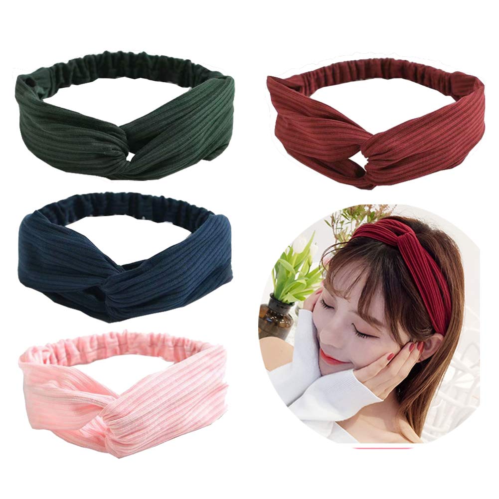 Stretchy Headbands Crochet Cotton Hair Accessories Women Wraps Turban Knotted Scrunchies (4 pack red pink green navy blue)