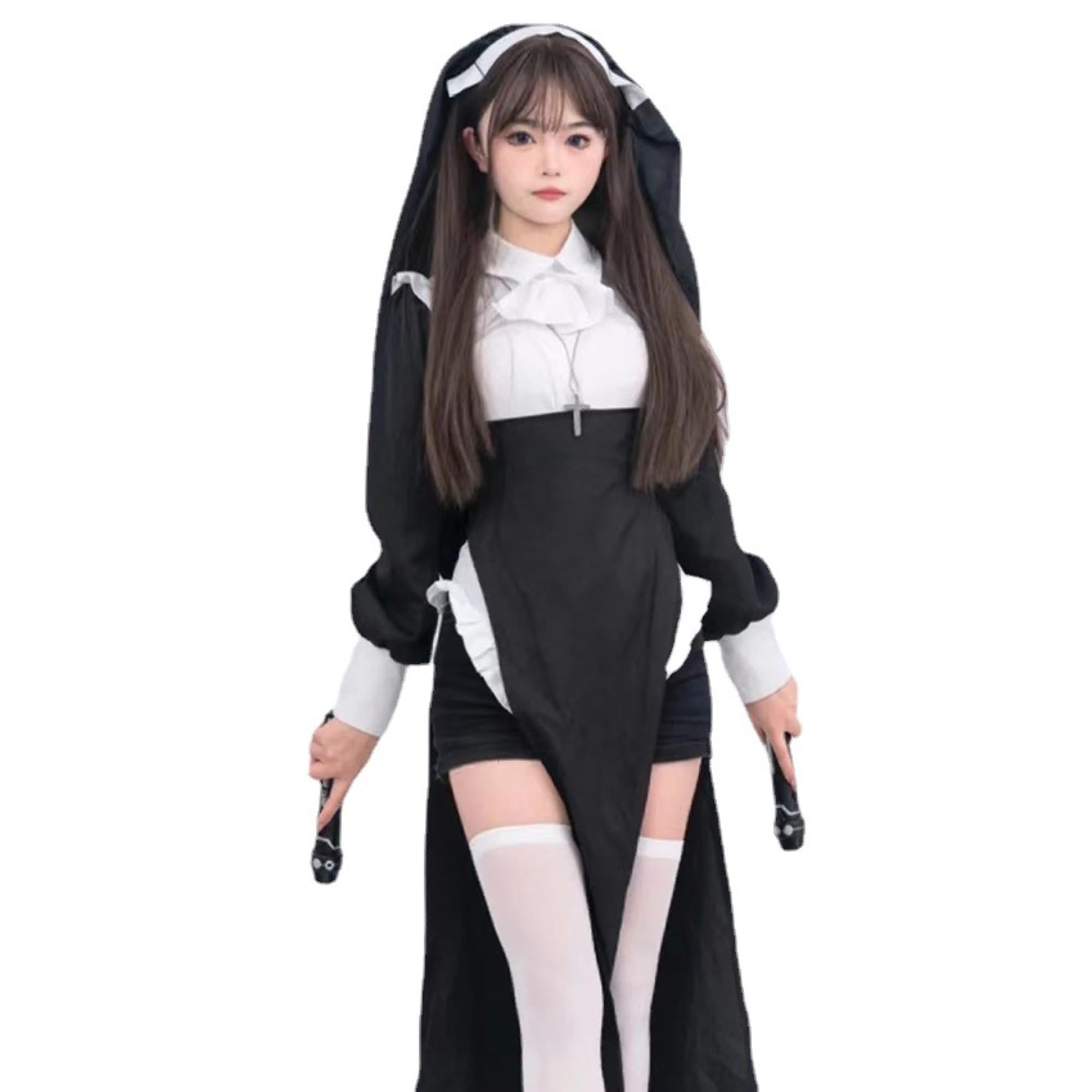 Nun Cosplay Costume, Sister Clothes, Halloween Costume, Women's, Christian Attire, With Cross, Performance Costume (7-Piece Set) - Medium