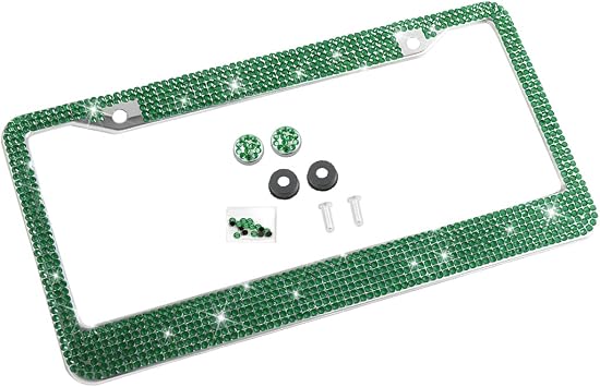 YALOK Rhinestone Stainless Steel Car License Plate Frame, Dark Green