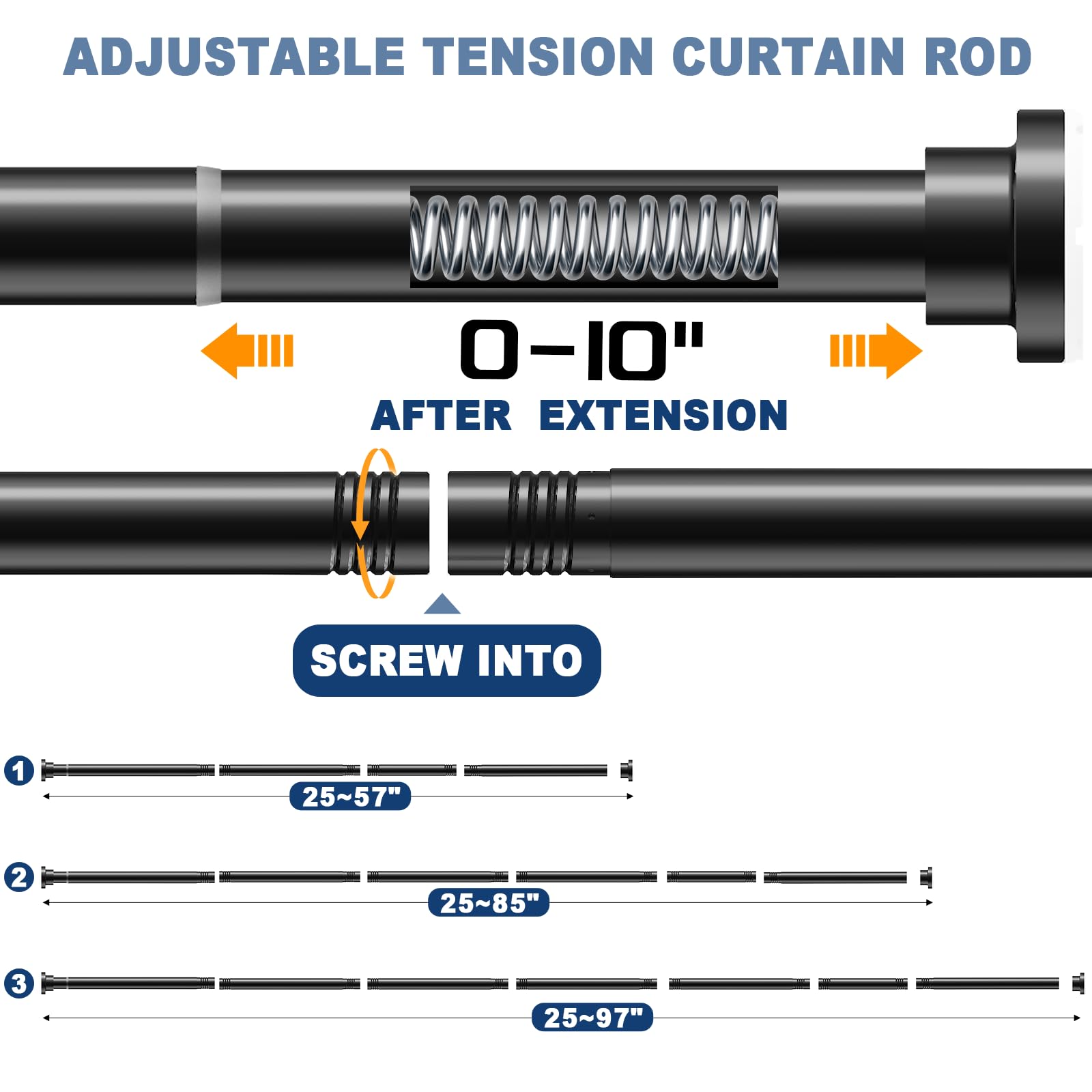 Black Shower Curtain Rod 25~97 Inches Adjustable Stainless Steel Shower Curtain Rods Spring Tension Shower Rods for Bathroom, Non Slip, No Drilling, Easy Install