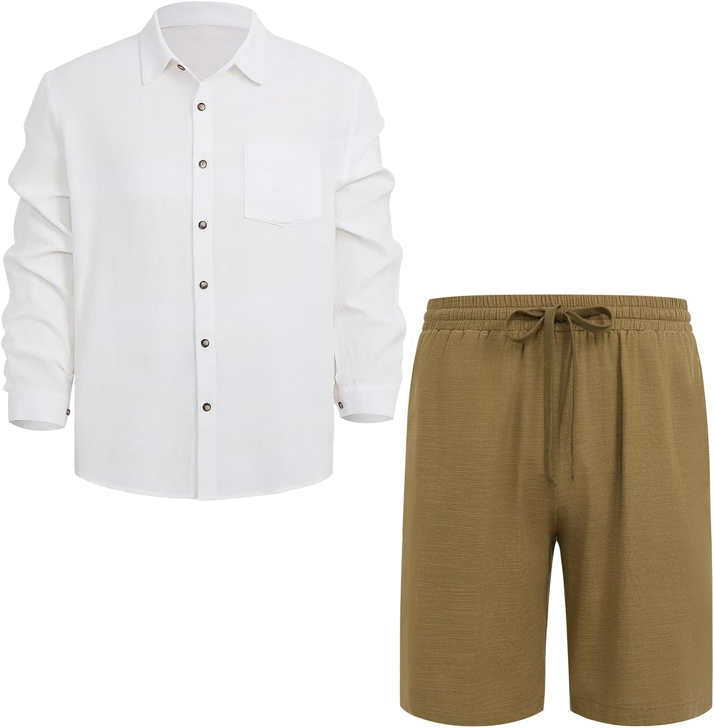 ODIZLI Men's Summer Cotton Linen Long Sleeve Button Down Textured Shirt and Drawstring Waist Loose Shorts Beach Outfits