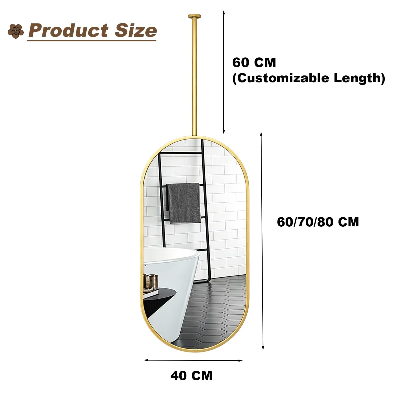 Grande Specchio Da Parete Per Bancone Del Bagno | Set Di Specchi Sospesi A Soffitto Ovale, Specchio Cosmetico Sospeso Con Cornice Dorata Per Camera Da Letto, Hotel(50cmx80cm)