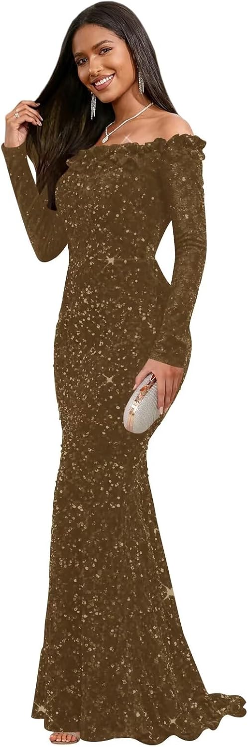 Women’s Sparkly Sequin Mermaid Prom Dress Off The Shoulder Long Sleeves Formal Evening Gown